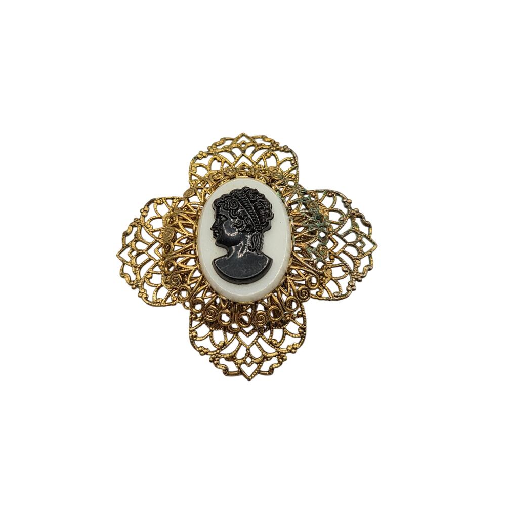 Vintage Cameo Brooch Filigree Gold Tone Black White Victorian Style